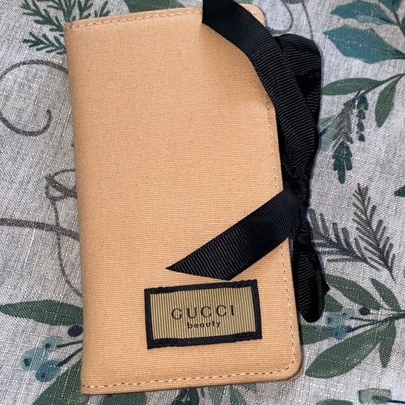 Gucci Accessories - Gucci Tan Canvas Pouch with Gucci Brushes in Black Ribbon